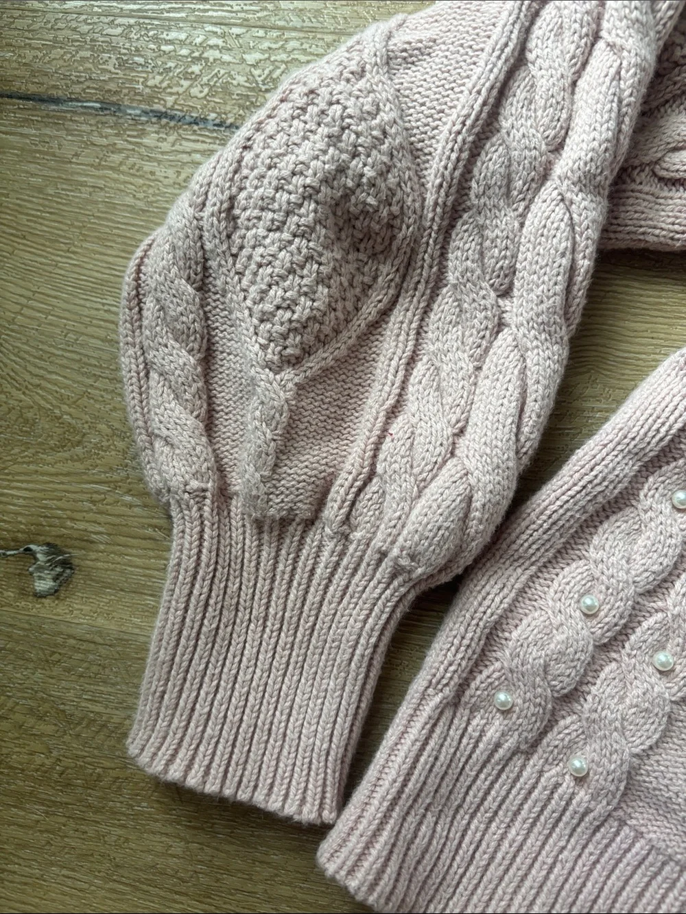 Women's Pink Cable Knit Sweater with Pearl Accents